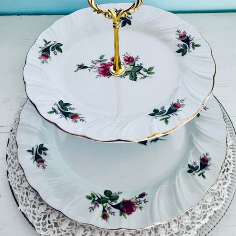 Vintage Lynn’s Fine China 2-Tier Dessert Stand - Victorian Rose Pattern - Picture 2 of 4